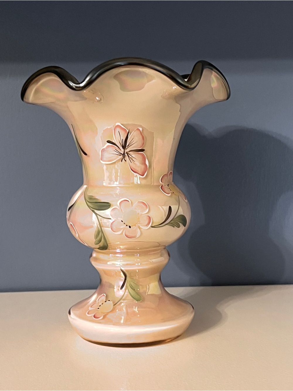 Fenton - Hand-Painted Pink Glass Vase Butterfly & Flowers by Donna Robinson